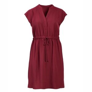 Drawstring Wine Red Fit-And-Flare Midi Dress